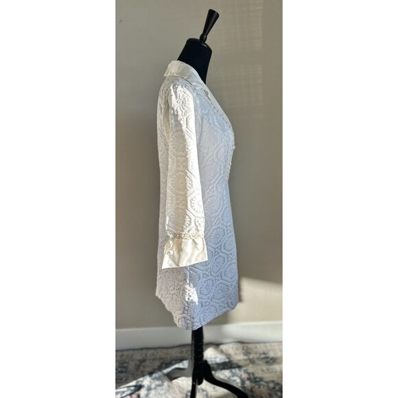 VINTAGE MISTER ROBERT 60's Mod Cream Satin Jacquard Mini Elopement Dress Size S - Picture 5 of 7